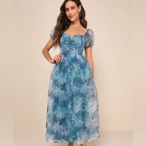 Blue Sundress with Puff Sleeves for Wedding Guest